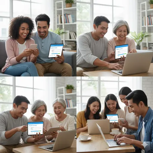Orang-orang dengan senang hati mengisi survey online di perangkat mereka